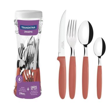 Imagem de Faqueiro Ipanema Com Lâminas Em Aço Inox E Cabos De Polipropileno Goiaba Com Pote Plástic