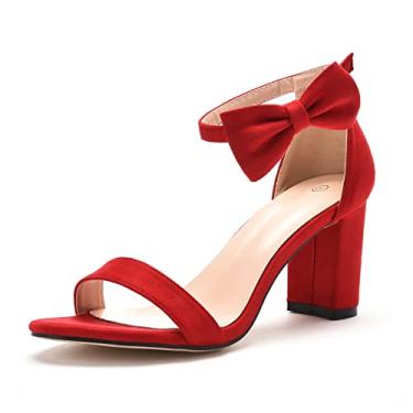 Imagem de Movefad Sandálias femininas de salto nude, bico aberto, tira no tornozelo, salto grosso, salto grosso, festa, casamento, tiras com laço e fivela, Vermelho, 40