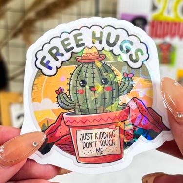 Imagem de (3 peças) Adesivo engraçado Free Hugs Just Kidding Don't Touch Me, adesivos de vinil de cacto, decalques à prova d'água para laptop, garrafa de água, presente para mulheres, homens, amigos, colegas de