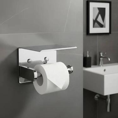 Imagem de Suporte Aço Inox Papel Higiênico Prateleira Adesivo Parafuso