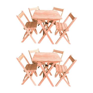 Imagem de Kit 2 Conjuntos Mesa Dobrável 60x60cm Com 4 Cadeiras Em Madeira Maciça - Cru - Bege