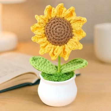Imagem de Vaso de plantas de crochê, mini decoração de malha para casa/escritório/presentes, decoração de mesa ecológica, girassol