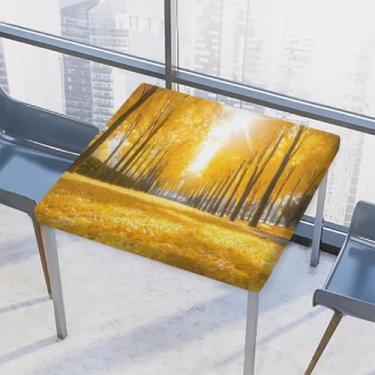 Imagem de hongjinglin Toalha de mesa quadrada para uso externo com borda elástica, toalha de mesa quadrada limpável para outono e floresta dourada para decoração de cozinha para mesas de 117 x 117 cm