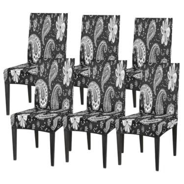 Imagem de Conjunto de 6 capas elásticas para cadeira de sala de jantar, capa protetora de assento de flor, paisley, étnica, preta, lavável, para cozinha, casa, hotel, banquete, festa de casamento, cerimônia