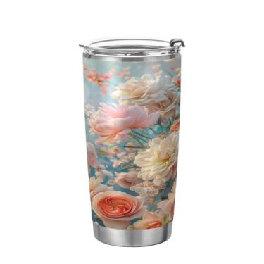 Imagem de xigua Copo de flores silvestres de jardim aquarela com tampa de palha, caneca de viagem a vácuo de parede dupla, caneca de café bem isolada, copo de aço inoxidável para bebidas quentes e frias, 600 ml