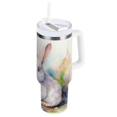 Imagem de ATTX Copo de coelho da Páscoa de 850 g com alça, copo de aço inoxidável a vácuo de parede dupla com palha, caneca de café de viagem isolada #453