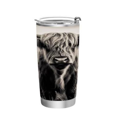 Imagem de Blueangle Copo de 590 ml com tampa e canudo, copo térmico de aço inoxidável com isolamento a vácuo, caneca térmica de vaca de chifres longos para bebidas quentes e frias (107)