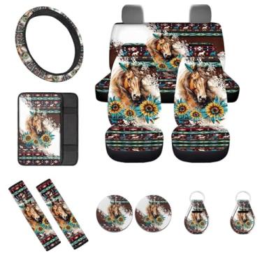 Imagem de FUIBENG Acessório de carro de cavalo, 12 peças, capas de assento de carro de cavalo do sudoeste, girassol, porta-copos de carro + capa de volante chaveiro almofadas de apoio de braço para mulheres e
