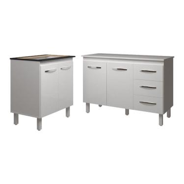 Imagem de Balcão Para Cooktop 5 Bocas Fran Branco E Armário Bruna 118 Cm Cozinha Gabinete Branco Com Tampo Tampão Branco