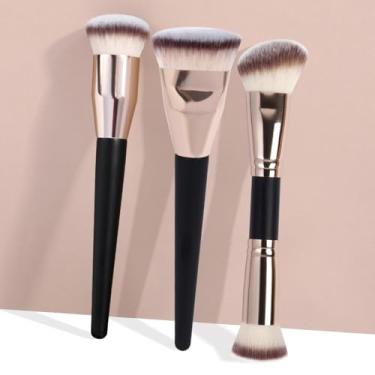 Imagem de 3 pincéis de maquiagem: ferramentas de maquiagem facial Kabuki completas, usadas para misturar e sombrear líquidos, cremes e produtos em pó (preto dourado)