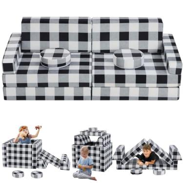 Imagem de Olasme 10 peças de sofá infantil preto e branco, sofá infantil Buffalo Check, sofá de brinquedo modular de espuma, sofá conversível infantil para sala de jogos e quarto