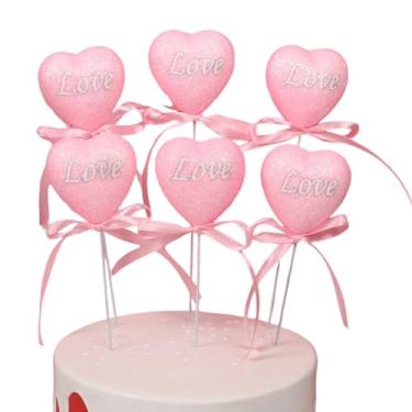 Imagem de Decoração de bolo Dia dos Namorados Toppers Glitter Heart Love Foam Cupcake Puffy Picks para decoração de mesa de sobremesa de casamento (6 peças) (rosa)