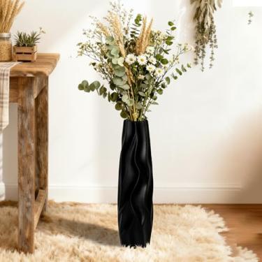Imagem de GDSZJLJ Vaso de cerâmica preta – Vaso alto rústico feito à mão de 39,9 cm para flores e galhos secos, vaso decorativo grande para sala de estar, entrada e decoração de casa