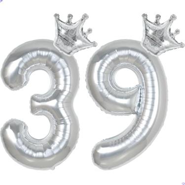Imagem de 39 balões com números de 101,6 cm prata para decorações de aniversário de 39 anos para homens e mulheres, decoração de aniversário de 39 anos de Mylar gigante para ele e ela