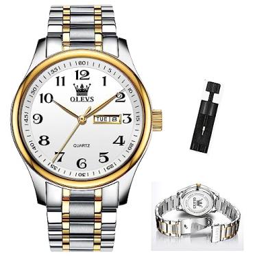 Imagem de OLEVS Relógio Masculino Prateado E Dourado, Aço Inoxidável Bicolor, Mostrador Árabe, Fácil De Ler, Com Calendário, Data Dia, Grande, À Prova D'Água, Analógico, Quartzo, Clássico, Casual, Pulso