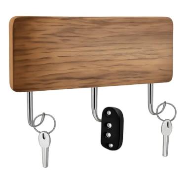 Imagem de Porta-Chaves Suporte de Parede Com 3 Ganchos em Madeira Sem Furo Adesivo - Acabamento Liso e Ganchos de Metal Resistentes, Porta Objetos e Acessórios, Decoração Minimalista