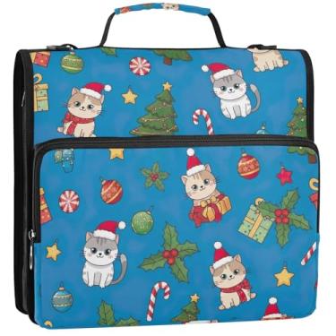 Imagem de Organizador de fichário com zíper para gatos Papai Noel, árvores de Natal coloridas, 3 anéis, 3 anéis, bolsa com alça de ombro, suporte para 500 lençóis, 34,5 x 31,5 x 9 cm