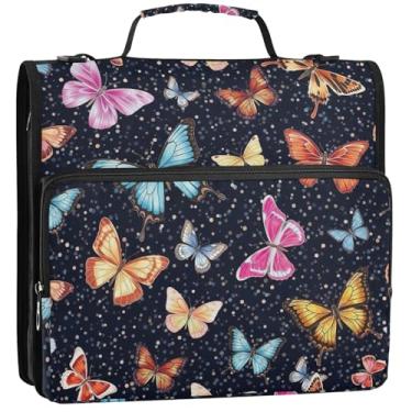 Imagem de Borboletas coloridas pretas com 3 anéis de 3 anéis de 3,5 cm com zíper bolsa organizadora de fichários escolares com alça de ombro, estojo de armazenamento de documentos com alça, 34,5 x 31,5 x 9 cm