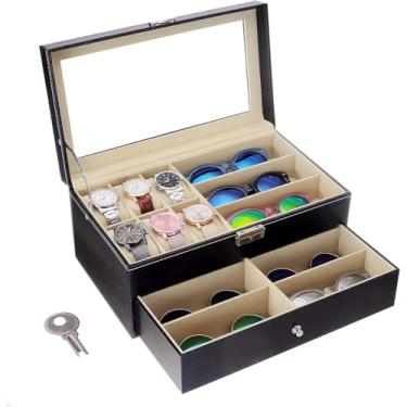 Imagem de Caixa de relógio de couro e óculos de sol Flytianmy Organizador de caixa e caixa de joias Caixa de exibição Gaveta organizador de caixa com trava, 14 Slots