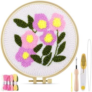Imagem de TINDTOP Kits de agulhas de perfuração, kits de bordado de flores para adultos iniciantes, ferramentas com tecido de agulha de perfuração, argolas, fios e agulhas de costura
