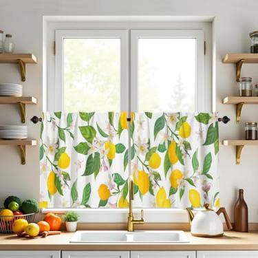 Imagem de XYTIDUKEJI Cortinas florais de limão para cozinha, 2 painéis de 61 cm de comprimento, cortinas curtas, bolso para varão, filtragem de luz, casa de fazenda, cortinas de janela pequena para pia de