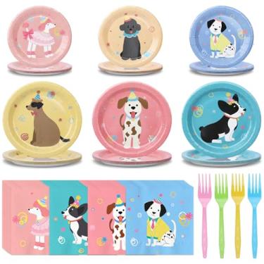 Imagem de 96 peças de artigos de festa de aniversário de cachorro, pratos de papel retrô com tema de cachorro, guardanapos e garfos, utensílios de mesa descartáveis com design de rosto de cachorro vintage para