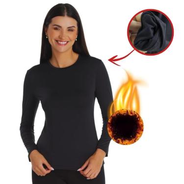 Imagem de Camiseta Feminina Segunda Pele Flanelada Térmica Forrado Inverno Blusa Frio Academi Corrida-Feminino