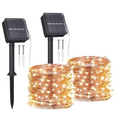 Imagem de Luzes de Fio Solar 2Pacotes 12m 100LEDs Cobre Fadas 8 Modos Iluminação IP65 À Prova d Água para Decoração Pátio Jardim e Festa