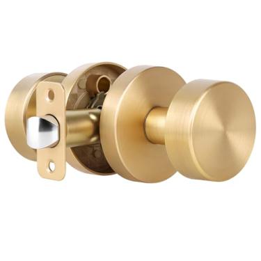 Imagem de naubea Puxador de porta de latão acetinado puxadores de porta de passagem interior de latão escovado maçanetas de porta de armário moderno redondo dourado maçaneta interna para armário corredor