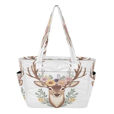 Imagem de Burbuja Bolsa feminina com flores de cabeça de veado, bolsa de mão acolchoada leve com bolsos para viagem, escola, trabalho, academia