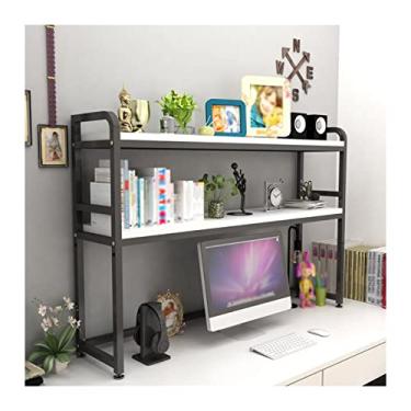 Imagem de Estante de livros de 2 camadas, estante e estante de livros de madeira branca e metal, estante de mesa para quarto, prateleira de armazenamento de tamanho grande para sala de estar, escritório e