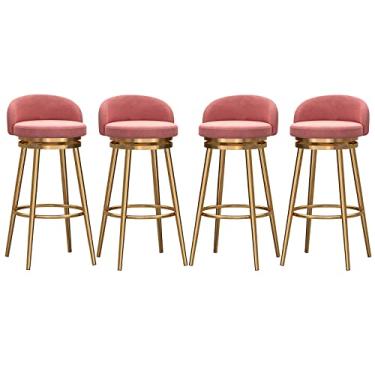 Imagem de Conjunto de 4 banquetas giratórias de veludo 360°, cadeira de bar moderna com altura para balcão com encosto e apoio para os pés, para pub de cozinha, cozinha, café, cadeiras de jantar, 75 cm, Rosa-B