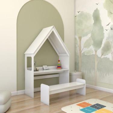 Imagem de Mesa Infantil Casinha Montessoriana com Banco 100% Mdf Branco Brilho -