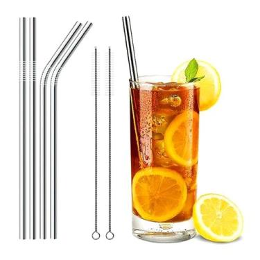 Imagem de Kit 4 Canudos Reutilizável Aço Inox Reto E Curvo + 2 Escovas - KEHOME,