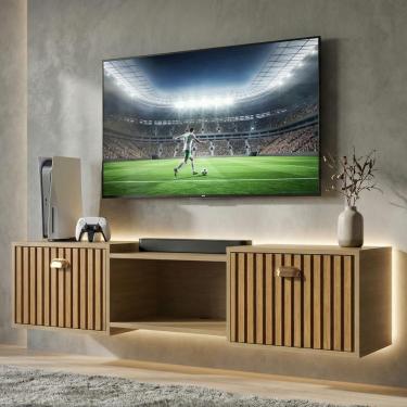 Imagem de Rack Suspenso Pequeno Home Shop Bancada TV 42" Nicho Decorativo Porta Basculante Puxador Concha Sala Quarto