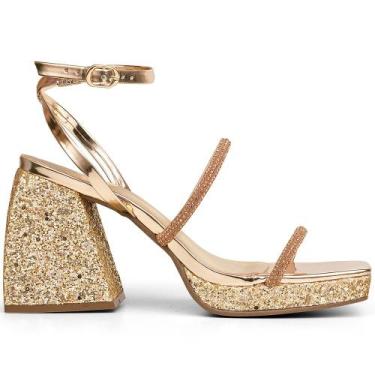 Imagem de Sandália Meia Pata Dourado Tiras Brilhantes Salto Bloco - SALOOK MODA,
