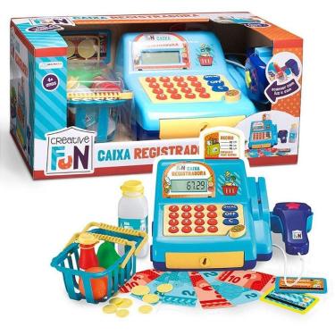 Imagem de Caixa Registradora de Brinquedo Brincando de Profissões com Som e Calculadora Azul Multikids
