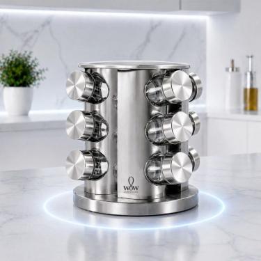 Imagem de Porta Tempero Inox e Vidro Giratório 360 graus  com 12 Potes Organizador para Cozinha Inox