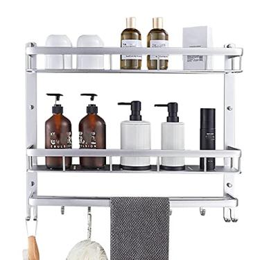 Imagem de Prateleira de banheiro Prateleiras de chuveiro sem perfuração Armazenamento de chuveiro com gancho de toalheiro Espaço adesivo Alumínio para cozinha banheiro-prata_1 piso 60cm (Cor: Prata, Tamanho: 2 piso 50cm)