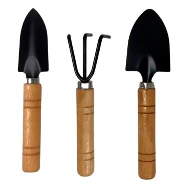 Imagem de Mini KIT De Jardinagem 3 Peças Com Cabo De Madeira Incluso 1 Pá Fina, 1 Pá Larga E 1 Rastelo/Ancinho Ferramentas Em Aço Para Horta, Terrário, Vasos, Plantas LINHA PREMIUM SYANG