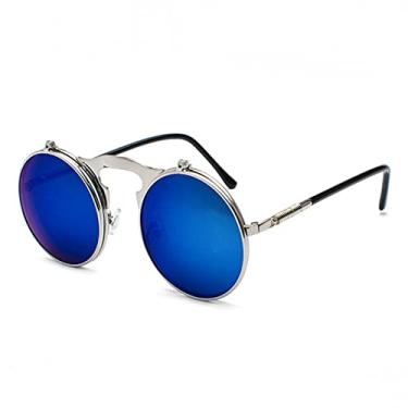 Imagem de Óculos de Sol Masculino Vintage Feminino Estilo Retro Vapor Punk Armação de Metal Redonda Lente Espelhada Óculos de Sol Óculos de Sol, A04 Prata Azul, Tamanho Único