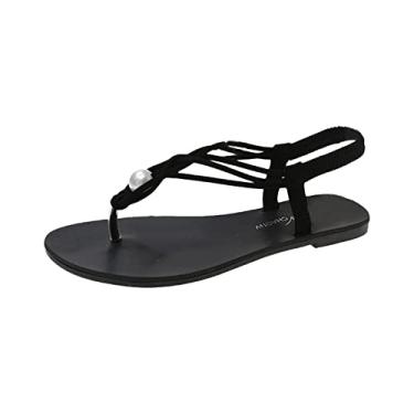 Imagem de Sandálias femininas de salto elástico boho sandália tanga banda praia sapatos femininos sandálias de pérola moda salto alto feminino (preto, 37)