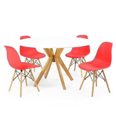 Imagem de Conjunto Mesa de Jantar Redonda Marci Branca 120cm com 4 Cadeiras Eames Eiffel - Vermelho
