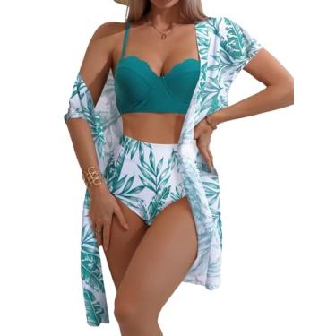 Imagem de MakeMeChic Biquíni feminino de 3 peças com cintura alta tropical push up com saída de quimono, Verde e branco, M