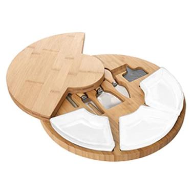 Imagem de Espaçoso Tábuas redondas de charcutaria Conjunto de tábuas de charcutaria e travessa de queijo, tábua de queijo giratória de bambu, 3 facas e 3 tigelas Multifuncional