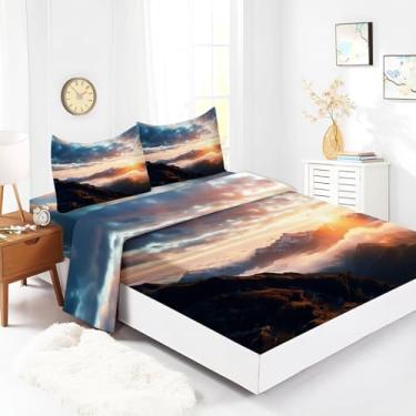 Imagem de Bhoyctn Jogo de lençol casal Sunset Mountains, 4 peças, marrom, lençol de cima estampado com bolso profundo de 40,6 cm, 100% microfibra, ultramacio e agradável à pele
