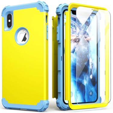 Imagem de IDweel Capa para iPhone Xs Max com protetor de tela (vidro temperado), absorção de choque 3 em 1, capa rígida de policarbonato rígido, amortecedor de silicone macio, capa durável, amarela/azul paz