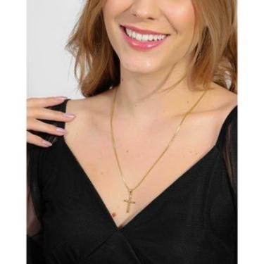 Imagem de Colar Cordão Feminino 60 cm com Cruz Pequena com Detalhes Folheado a Ouro 18K - Dourado-Feminino
