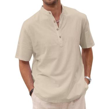 Imagem de Uni Clau Camisa masculina casual Henley verão praia algodão linho manga curta Henley camisa hippie, Bege, M