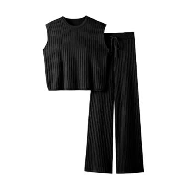 Imagem de IMCTAH Conjunto de 2 peças de suéter de malha sem mangas, blusa de cintura alta para mulheres, Preto, X-Small